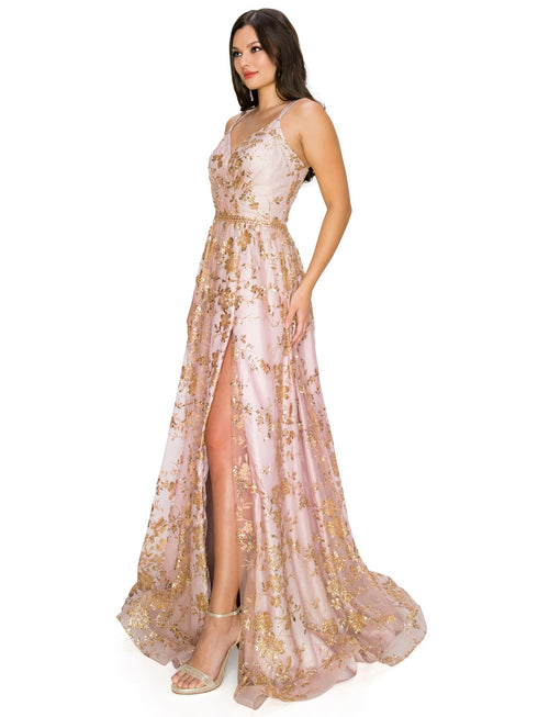 BLISS by Cinderella Couture Open Back Glitter Juniors Dress with Sequin Beaded Waistline, Sizes XS-3XL - SophiasStyle.com